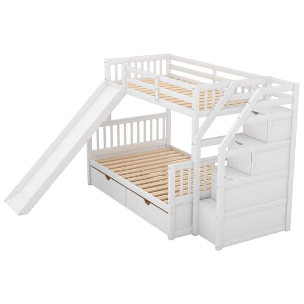 ANBAZAR White Twin Bunk Bed with Stairway, Wood Bunk Bed with Book