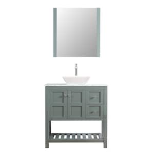Manhattan 36 in. W x 18 in. D Bath Vanity in Gray with Marble Vanity Top in White with White Basin and Mirror