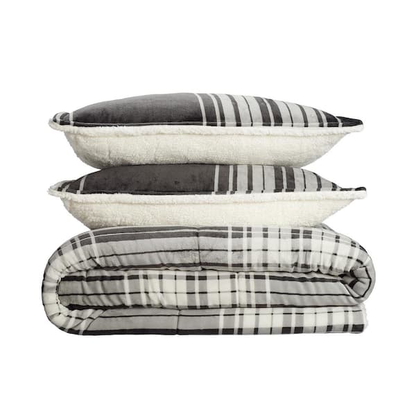 Serta Cozy Plush 3-Piece Grey and Taupe Plaid Microfiber Comforter Set