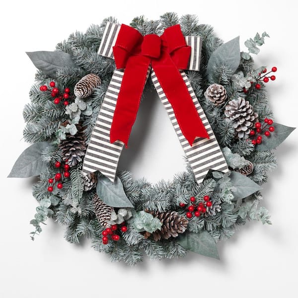 GERSON INTERNATIONAL 24 in. Snowy Pine Artificial Christmas Wreath with Red Berries Cone and Red Bow