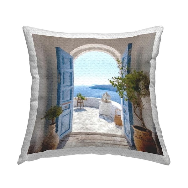 Blue Greek Door Scenery Multi-Color Square Outdoor Throw Pillow