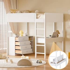 White Wood Frame Full Size Teddy Fleece Upholstered Loft Bed with 4-Drawers, Shelves, Built-in Desk with Hidden Storage