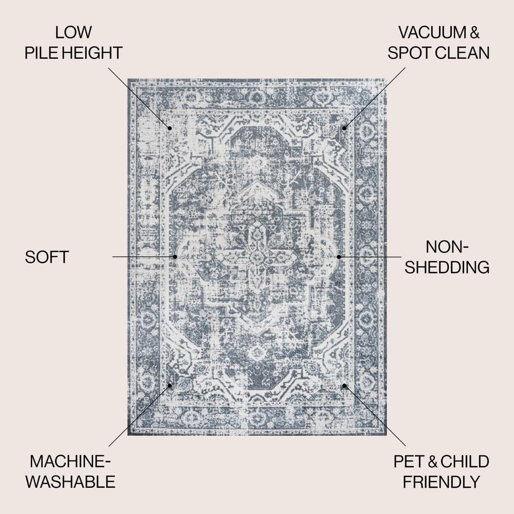 Keesha Blue and Cream Medallion Washable Area Rug 3' x 5'