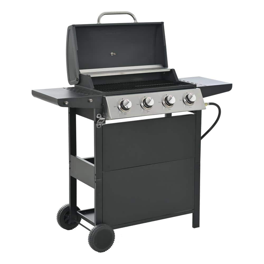 Portable Propane Grill in Black, 4 Burner Barbecue Grill Stainless Steel Gas Grill with 2 Wheels for BBQ, Backyard