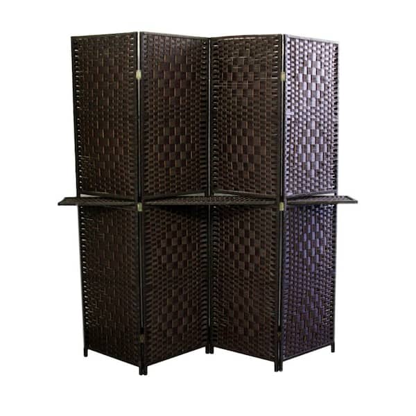 ORE International Espresso Brown Paper Straw Weave W/ One 63 in. L Shelving 4-Panel Screen Handcrafted Room Divider