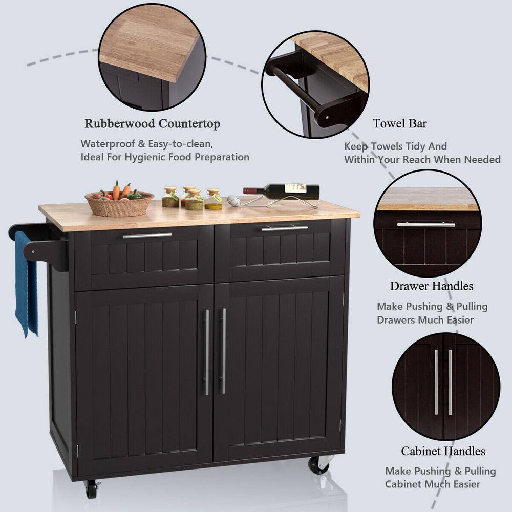 Brown Rubberwood Kitchen Cart with Storage and Casters