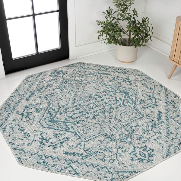 Estrella Bohemian Medallion Textured Weave Teal/Gray 5 ft. Octagon Indoor/Outdoor Area Rug