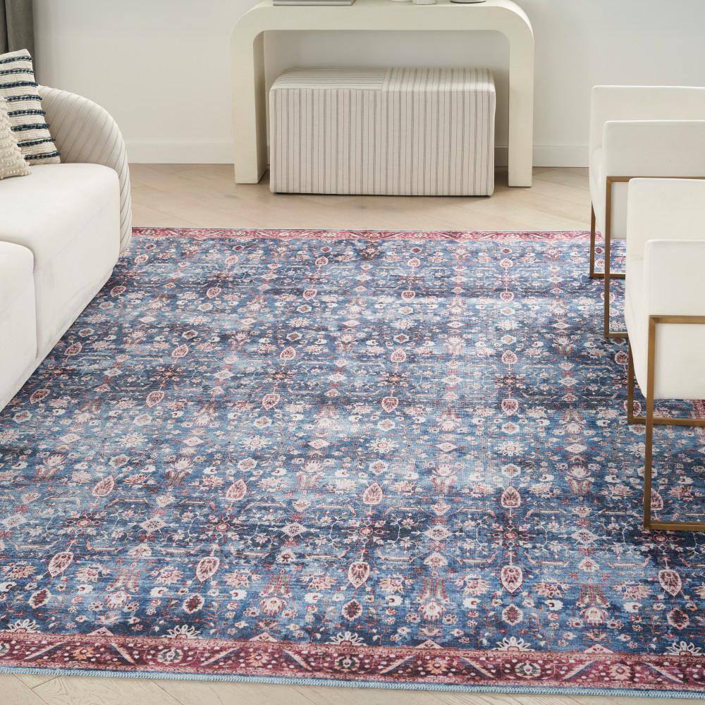 Blue and Brick Floral 5' x 7' Washable Synthetic Rug