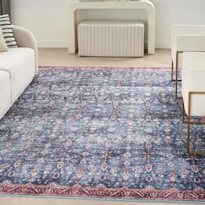 Machine Washable Brilliance Blue/Brick 5 ft. x 7 ft. Floral Traditional Area Rug