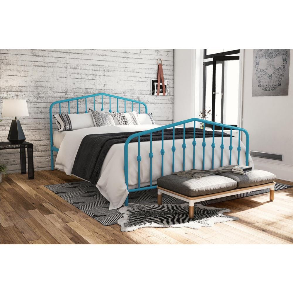 Sea Blue Queen Metal Platform Bed with Headboard and Slats