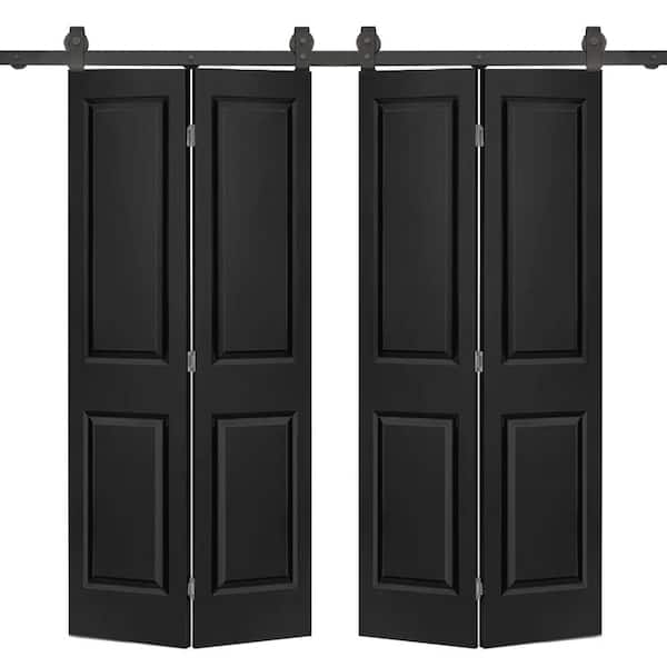 CALHOME 60 in. x 80 in. 2 Panel Black Painted MDF Composite Double Bi-Fold Barn Door with Sliding Hardware Kit