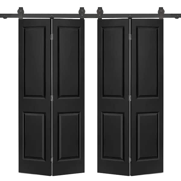 72 in. x 80 in. Hollow Core 2-Panel Black MDF Composite Double Bi-Fold Barn Doors with Sliding Hardware Kit