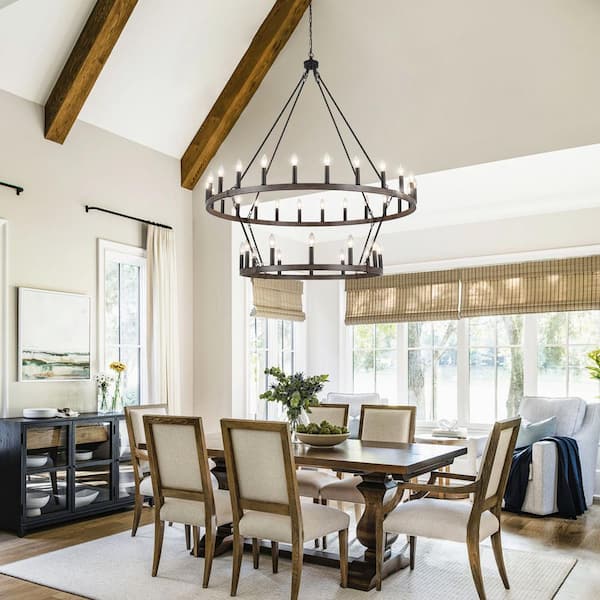 36-Light Farmhouse Natural Candle Design Wagon Wheel Chandelier 2-Tier Ceiling Light Fixture for Kitchen Island