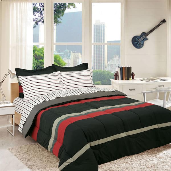 ROYALE LINENS Rugby Stripe 7-Piece Red Full size Bed in a Bag with Reversible Comforter