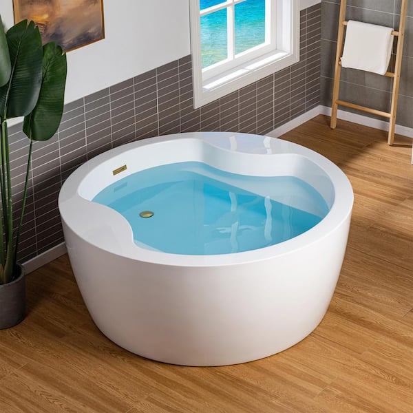 WOODBRIDGE 59 in. x 59 in. Acrylic FlatBottom Round Soaking Bathtub with Brushed Gold Center Drain in White