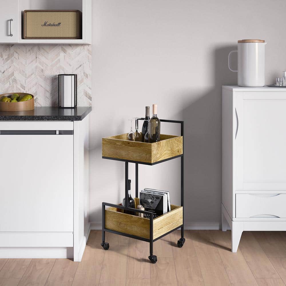 Natural Mango Wood and Black Metal Industrial Bar Cart with Storage