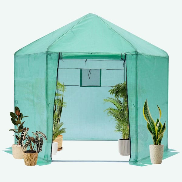 Tunearary 9.2 ft x 9.2 ft x 8.1 ft Outdoor Hexagonal Heavy Duty Walk-in Greenhouse Plastic Reinforced Insulation in Green