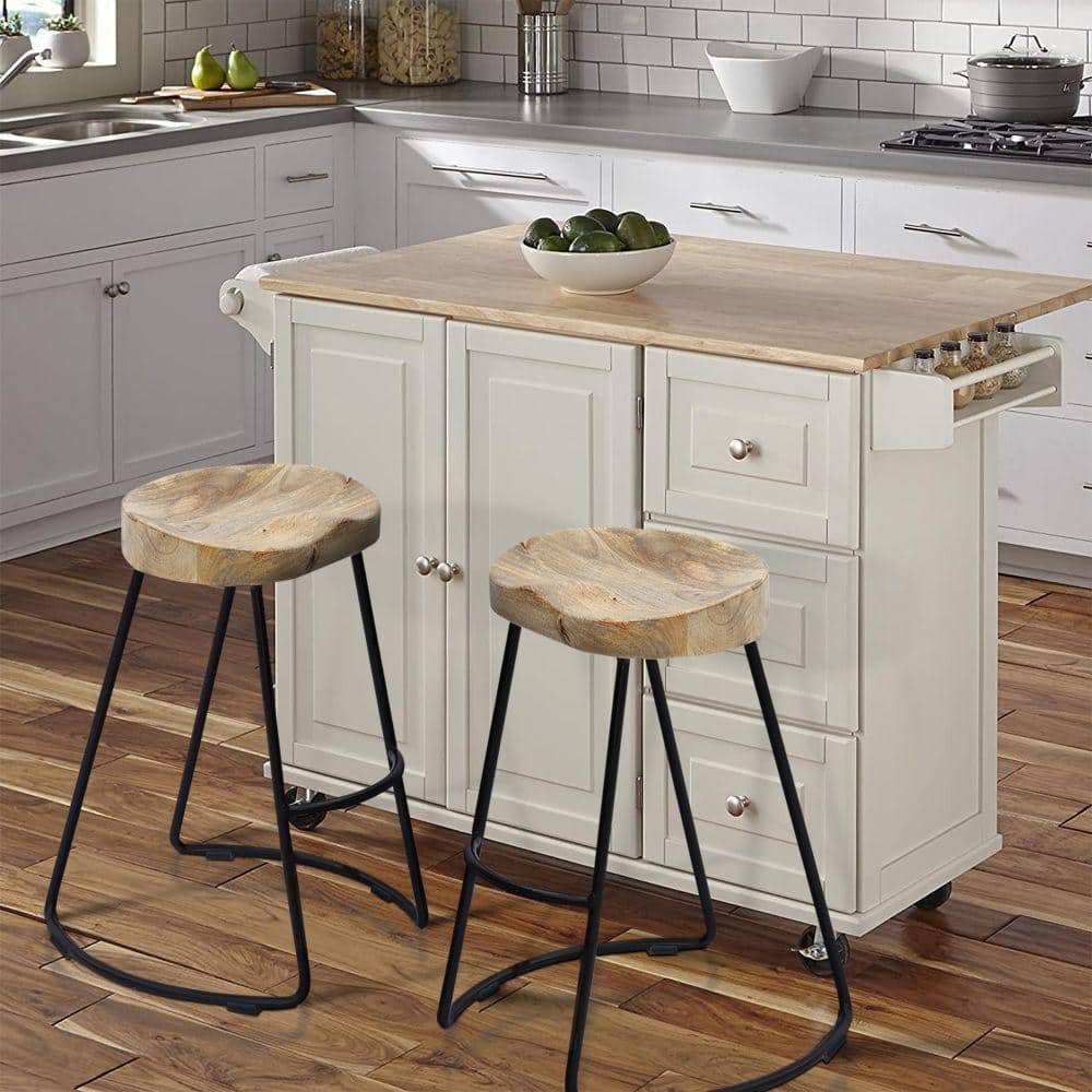 Ela 30 Inch Natural Black Mango Wood Iron Frame Saddle Seat Industrial Barstool (Set of 2)