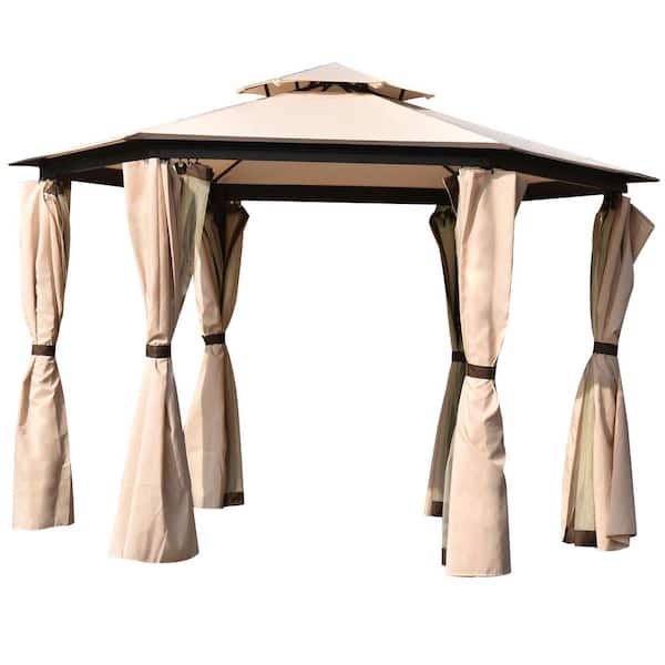 Unbranded 11.8 ft. x 10.2 ft. Khaki Outdoor Patio Gazebo with Mosquito Nets and Backyard Deck
