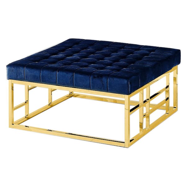 Best Master Furniture Ratna Blue/Gold Tufted Velvet Square Ottoman