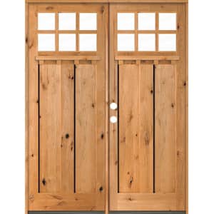 72 in. x 96 in. Craftsman Knotty Alder 6-Lite Clear Stain Wood/Dentil Shelf Right Active Double Prehung Front Door