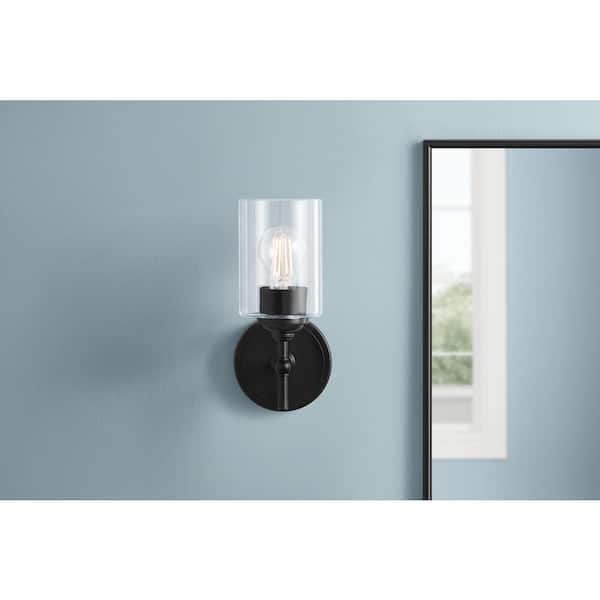 Home Decorators Collection Ayelen 1-Light Matte Black Clear Glass Sconce