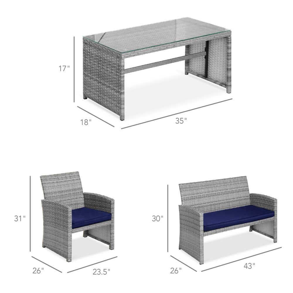 Gray Wicker 4-Piece Outdoor Patio Set with Navy Cushions