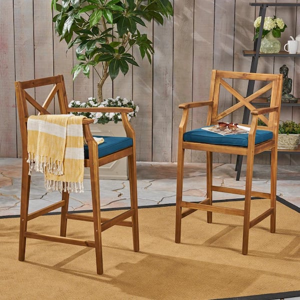 Noble House Perla Teak Brown Wood Outdoor Bar Stool with Blue Cushion (2-Pack)