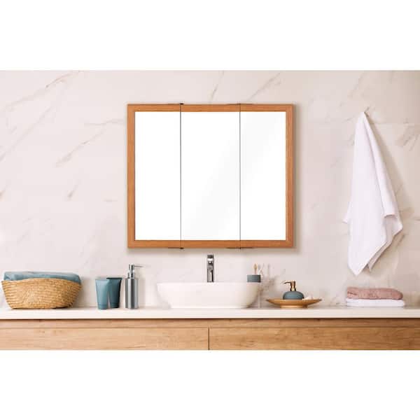TRUporte Kingswood 30 in. Surface Mount Oak Tri-View Medicine Cabinet with Mirror