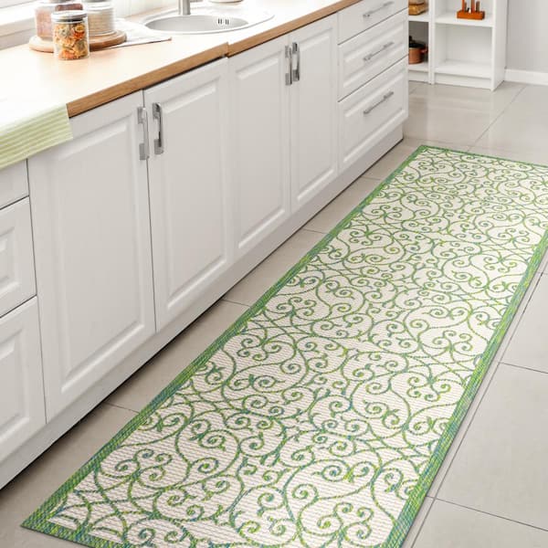 JONATHAN Y Madrid Vintage Filigree Textured Weave Cream/Green 2 ft. x 10 ft. Indoor/Outdoor Area Rug