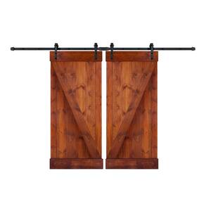 Z-Series 72 in x 84 in Red Walnut DIY Finished Knotty Pine Wood Double Sliding Barn Door Slab with Hardware Kit