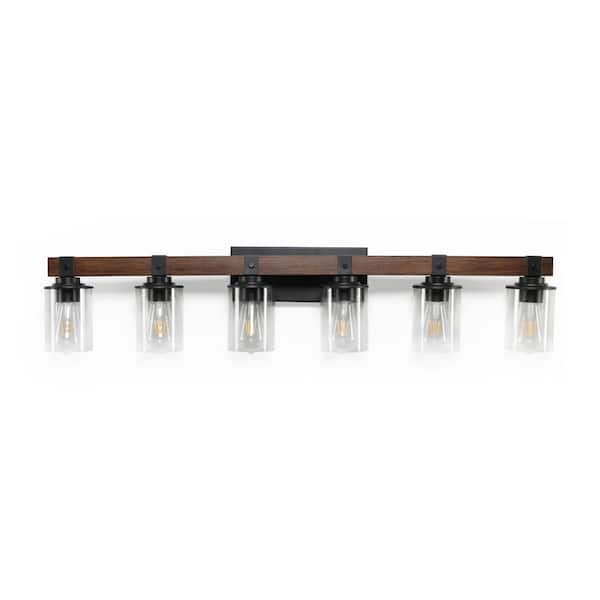 6-Light Brown Vanity Light with Cylindrical Clear Glass Shades and Solid Wood Frame, E26 Bulbs Not Included