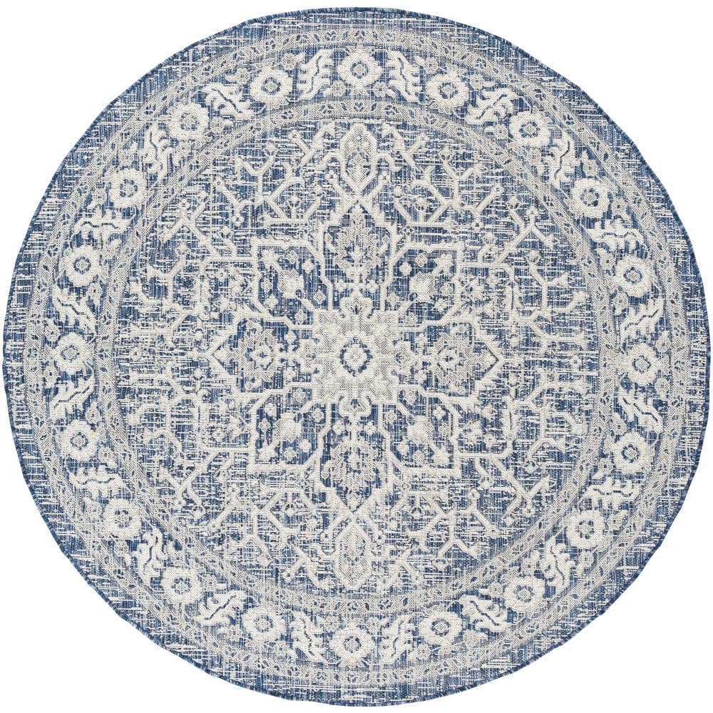 Easy-Care Denim Blue 6'7" Synthetic Round Outdoor Rug