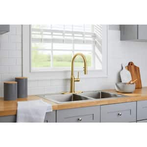 Upson Single-Handle Touchless Pull-Down Kitchen Faucet with TurboSpray and FastMount and Soap Dispenser in Matte Gold