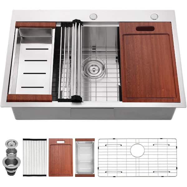 33 in. Drop-In/Undermount Single Bowl 18 Gauge Brushed Chrome Stainless Steel Kitchen Sink with Grid and Drain