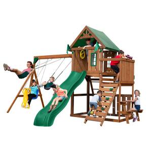 Knightsbridge Wood Complete Backyard Swing Set with Rock Wall, Wave Slide, Tarp Roof, and Playset Accessories