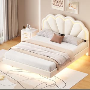 Floating Style Beige Wood Frame Queen Size Upholstered Platform Bed with Smart LED and Elegant Flower Pattern Headboard