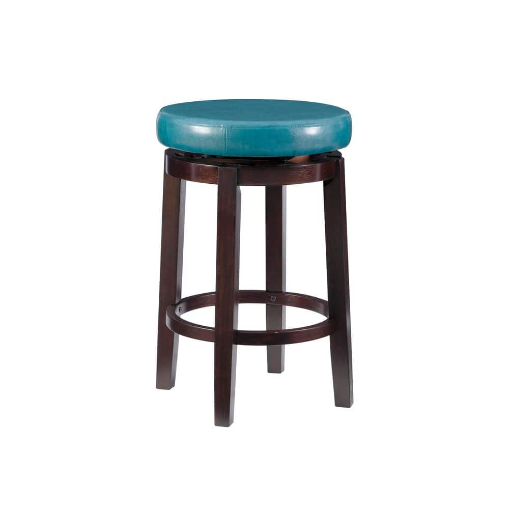 Maya Swivel 25.39 in. Teal/Brown Backless Wood Counter Stool with Faux Leat