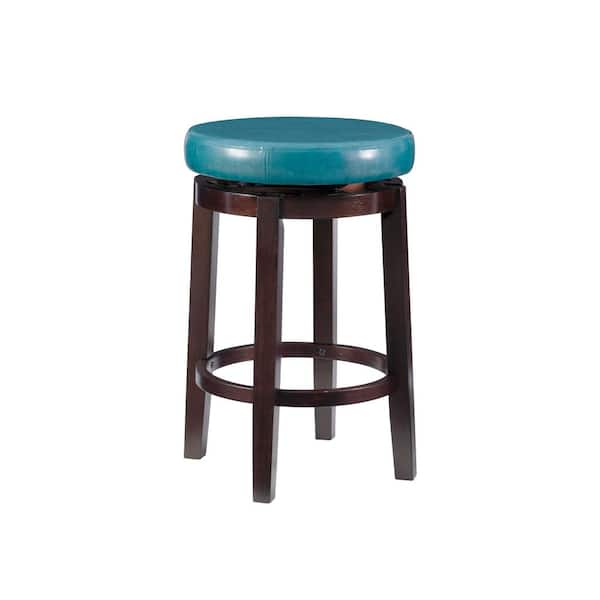 Linon Home Decor Maya Swivel 25.39 in. Teal/Brown Backless Wood Counter Stool with Faux Leather Seat