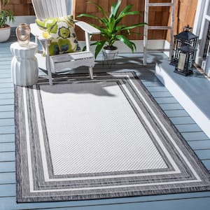 Courtyard Ivory/Black 4 ft. x 4 ft. Square Solid Color Striped Indoor/Outdoor Area Rug
