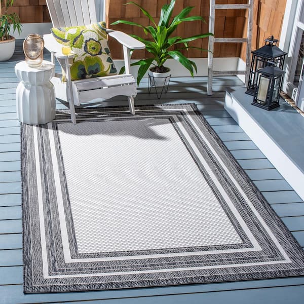 Courtyard Ivory/Black 4 ft. x 4 ft. Square Solid Color Striped Indoor/Outdoor Area Rug