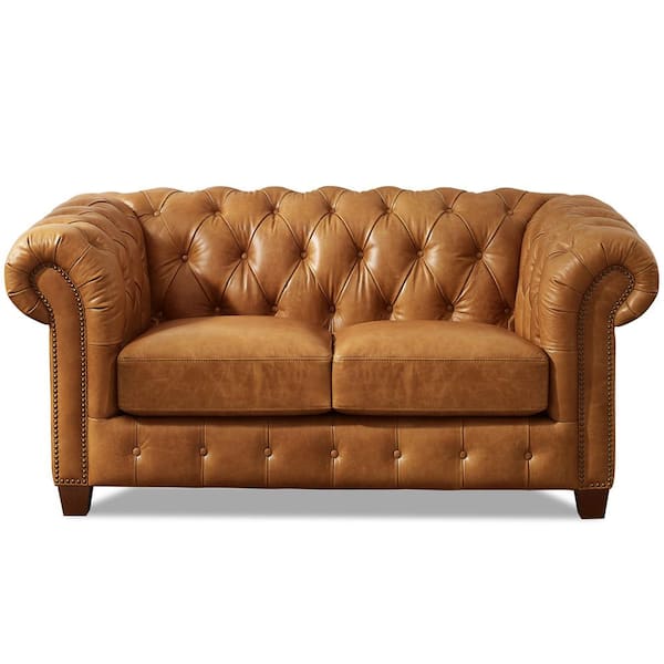 Hydeline Alton Bay Top Grain Leather Chesterfield Loveseat - Caramel Brown