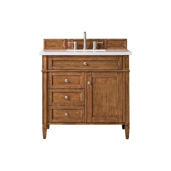 James Martin Vanities Brittany 36.0 in. W x 23.5 in. D x 34 in. H Bathroom Vanity in Saddle Brown with White Zeus Quartz Top