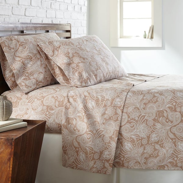 Southshore Fine Linens Perfect Paisley 4-Piece White Paisley on Taupe Microfiber Queen Deep Pocket Sheet Set