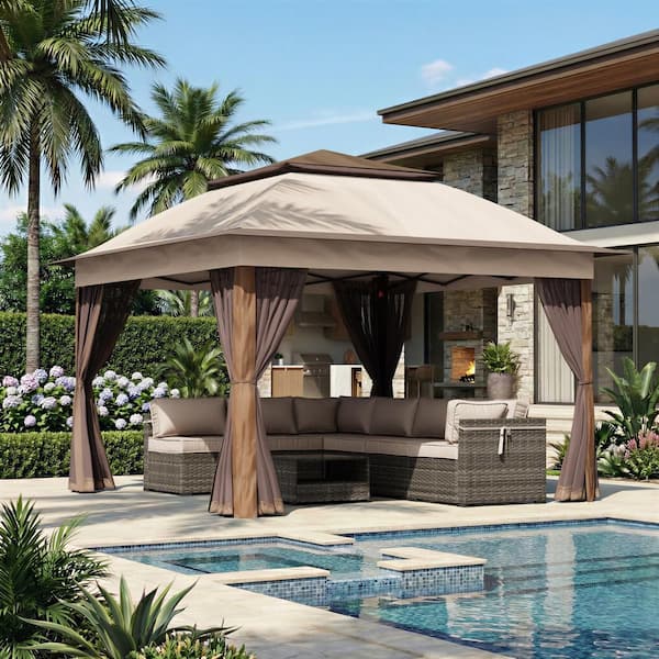 Beige Steel Portable Pop-Up Gazebo with Mosquito Netting 11 ft. x 11 ft.