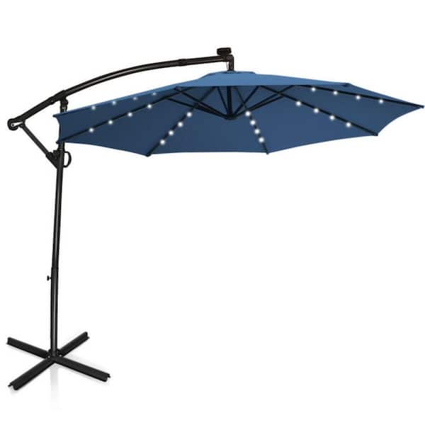 Kadehome 10 ft. Solar Powered LED Offset Patio Umbrella with 360° Rotation in Blue