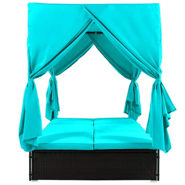 Unbranded Wicker Outdoor Day Bed, Patio Sunbed with Blue Cushions, Adjustable Seats, Canopy and Overhead Curtains for Garden