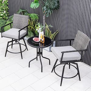 Patio Swivel Metal Outdoor Bar Stools Counter Height Bar Chairs w/PE Rattan Back with Gray Cushion 2-Pack