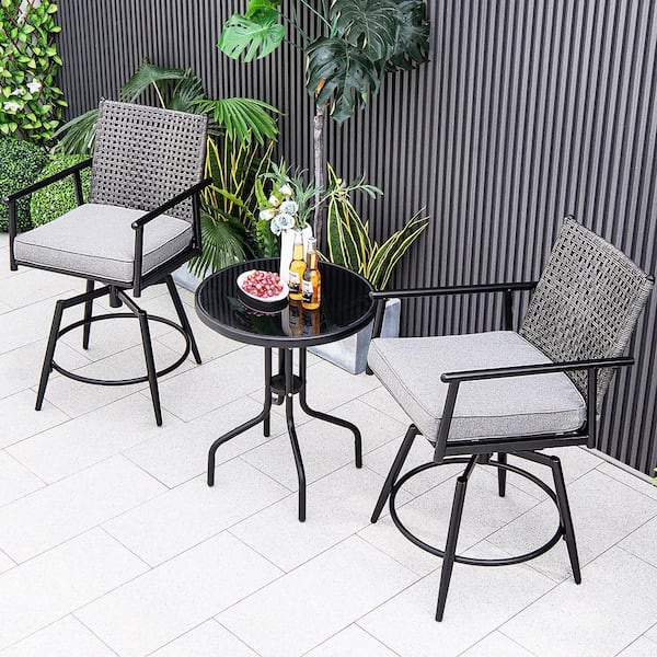 Patio Swivel Metal Outdoor Bar Stools Counter Height Bar Chairs w/PE Rattan Back with Gray Cushion 2-Pack