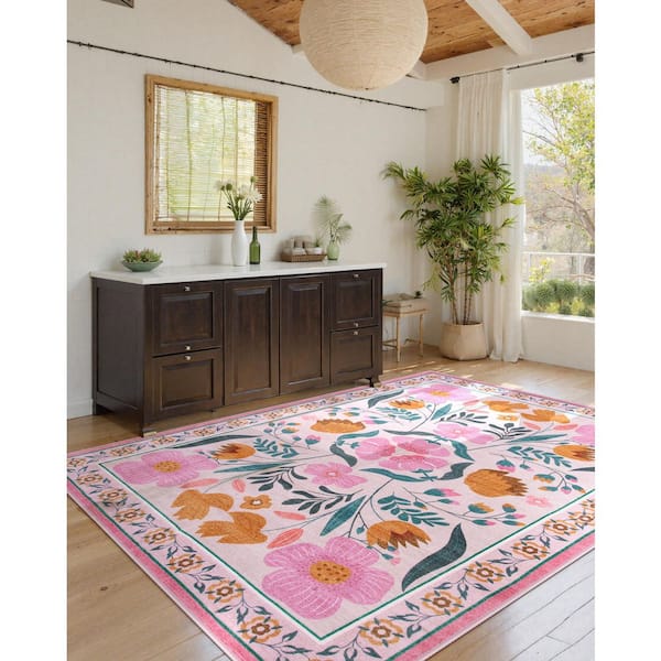 Cottagecore Floral Washable Non-Slip Pink 6 ft. x 9 ft. Area Rug